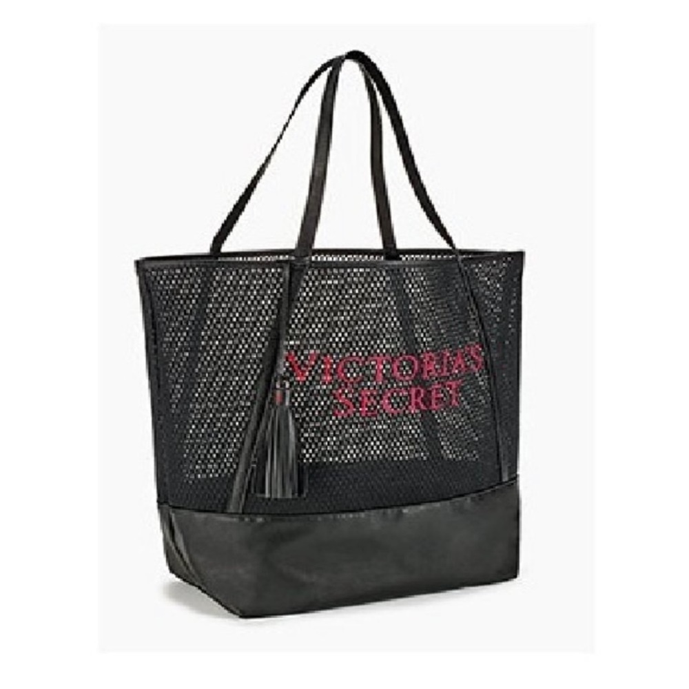Victorias Secret Black Pink Embroidered Mesh Open Top Shoulder Straps Tote Large